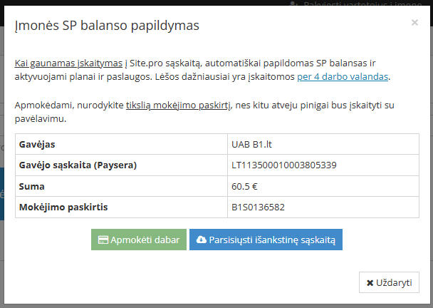 Išankstinės sąskaitos apmokėjimo instrukcija
